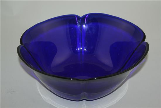 A Chinese Beijing blue glass quatre lobed bowl, 19th / 20th century, 28cm